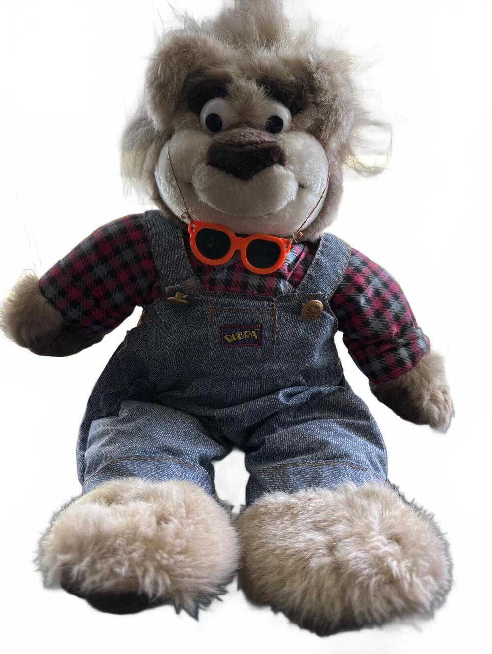 Vintage Talking Bubba Plush Bear with Denim Overalls and Red Checkered Shirt